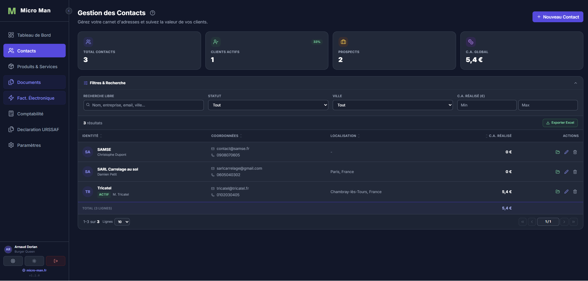 CRM auto-entrepreneur — gestion contacts et historique documents Micro Man